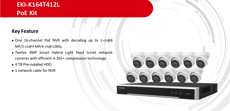 Hikvision EKI-K164T412L 4MP Turret PoE Kit with 1x 16-channel PoE NVR & 12x Turret IR Camera